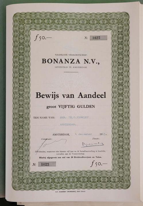 Bonanza N.V. 1965 aandelen, Postzegels en Munten, Aandelen en Waardepapieren, Aandeel, 1950 tot 1970, Ophalen of Verzenden