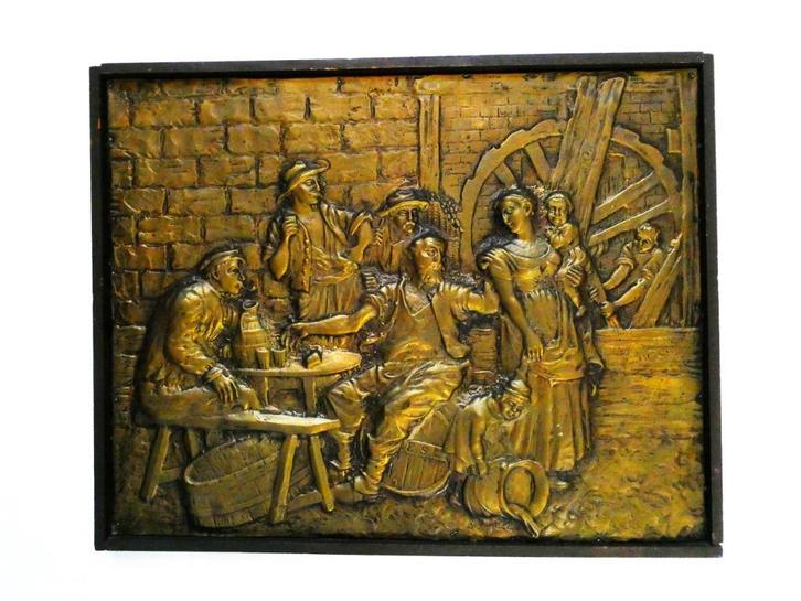 Paneel van een herberg tafereel gesign. E.S., Antiek en Kunst, Curiosa en Brocante, Ophalen of Verzenden