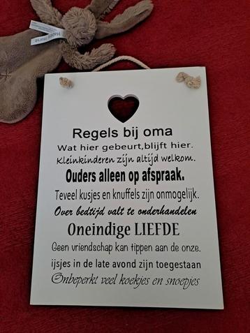 Tekstbord: regels bij oma. Hout. 35 x 26 beschikbaar voor biedingen
