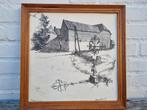 Tekening Mesch / Eysden in Limburg / in houten lijst, Minder dan 50 cm, Gebruikt, Ophalen of Verzenden, Minder dan 50 cm