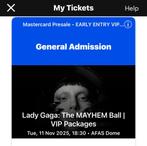 1x Lady Gaga Early Entry VIP  Antwerpen, 11 November  2025, Tickets en Kaartjes, Eén persoon, November