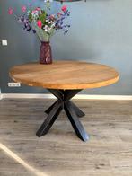 Ronde eiken eettafel met stalen kruispoot - 120cm, Ophalen, Zo goed als nieuw, Vier personen, 100 tot 150 cm
