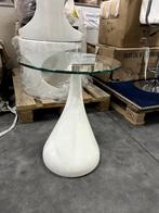 Witte bijzettafel met glazen blad – uniek design, Minder dan 55 cm, Rond, Ophalen, 45 tot 60 cm