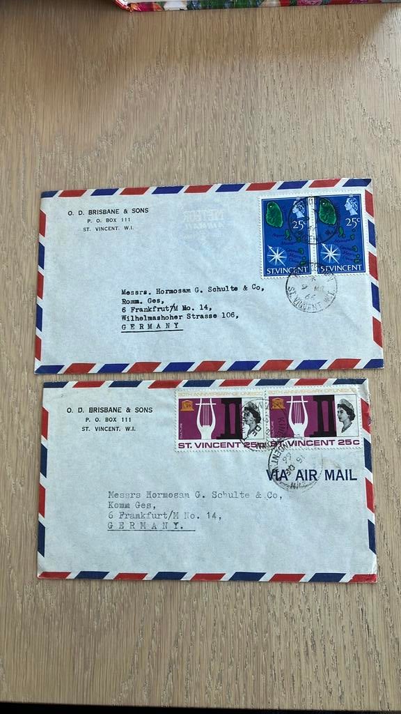 2 enveloppen zakelijk van St. Vincent WI naar Duitsland 1966, Ophalen of Verzenden, Envelop