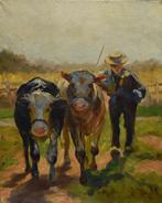 Schilderij met boer en koeien op doek  M.Ottee., Verzenden