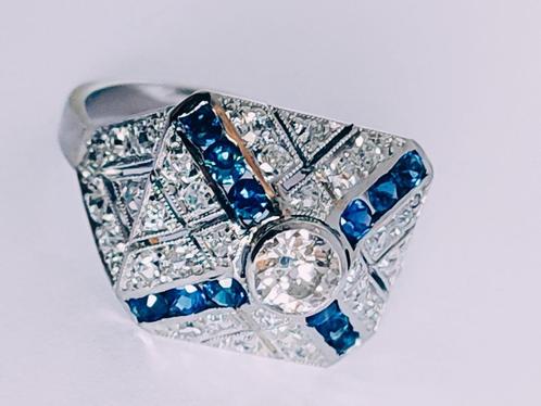 Platinum ring met diamanten en saffieren, belle epoque, Sieraden, Tassen en Uiterlijk, Ringen, Zo goed als nieuw, Dame of Heer