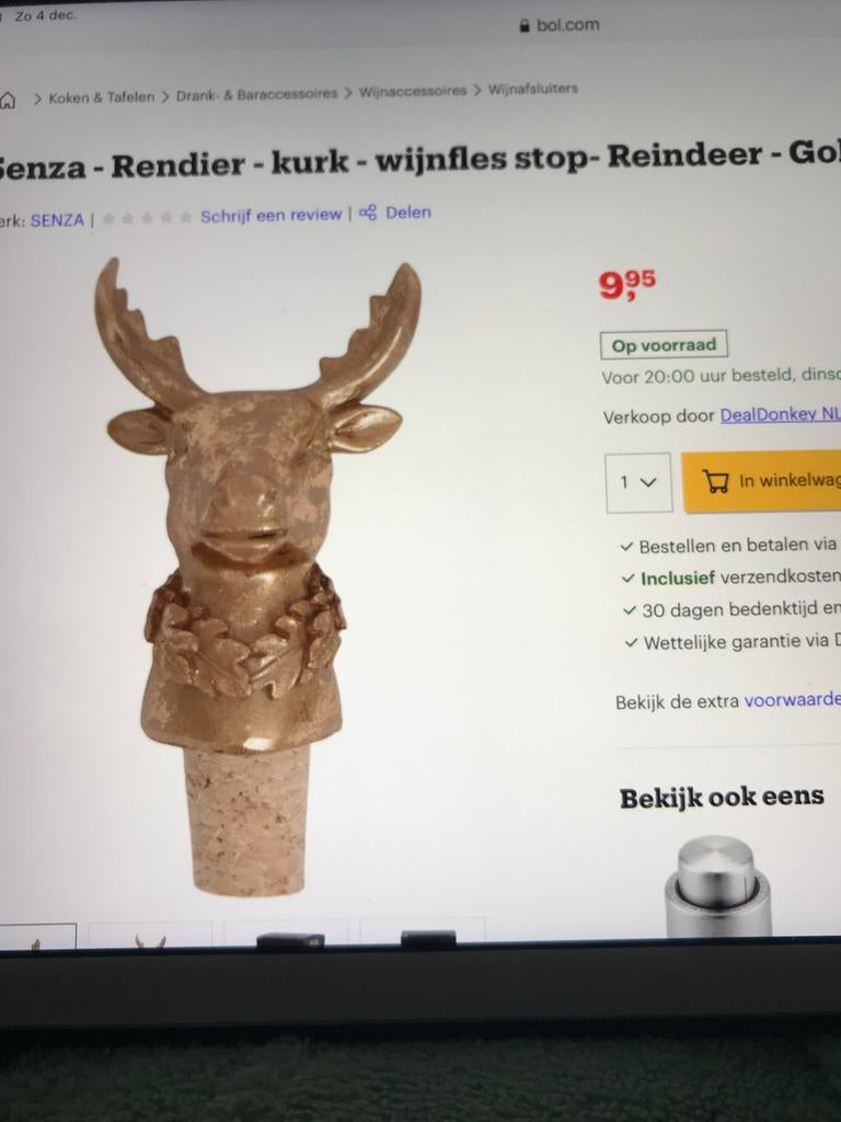 Wijnfles stop - Rendier - Goud, Ophalen, Nieuw