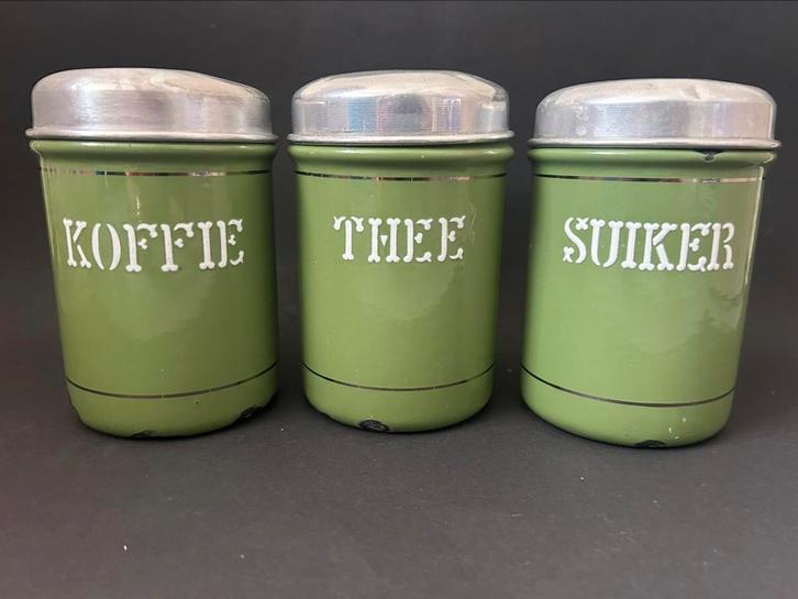 Reseda Groene Koffie, Thee & Suiker Voorraadbussen, Antiek en Kunst, Antiek | Emaille, Ophalen of Verzenden