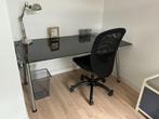 Glazen bureau met (verstelbare) chrome poten + bureaustoel, Ophalen, In hoogte verstelbaar, Zo goed als nieuw, Bureau