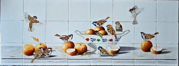 Handbeschilderd tegeltableau op authentieke Friese witjes!, Doe-het-zelf en Verbouw, Tegels, Nieuw, Wandtegels, Keramiek, Minder dan 20 cm