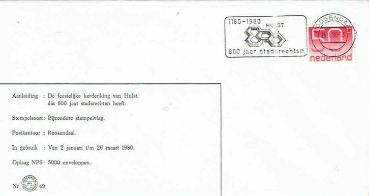 30 Nederland 1980 Hulst 800 jaar Stadsrechten, Postzegels en Munten, Brieven en Enveloppen | Nederland, Envelop, Ophalen of Verzenden