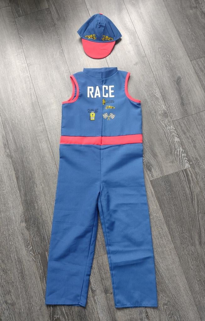 Autocoureur pak maat 128, Kinderen en Baby's, Carnavalskleding en Verkleedspullen, Ophalen, Zo goed als nieuw, 122 t/m 128, Jongen of Meisje