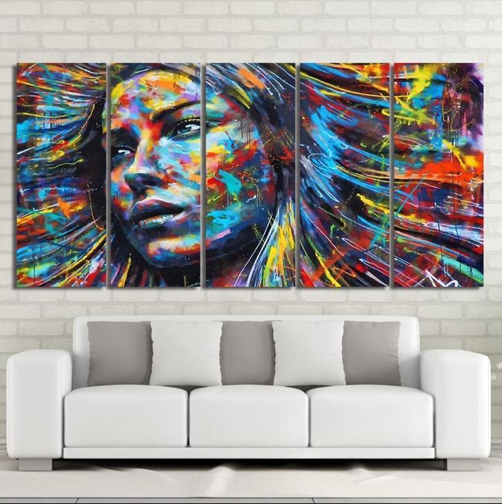 Kleurrijk 5-Delig Schilderij op Canvas – Portret Vrouw, Antiek en Kunst, Kunst | Schilderijen | Modern, Ophalen of Verzenden
