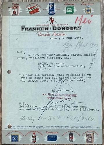 brief chemische fabr.  Franken & Donders Tilburg zakje blauw beschikbaar voor biedingen