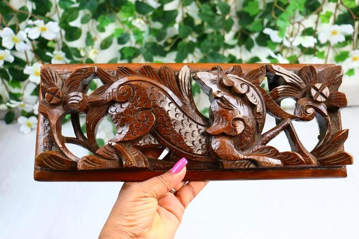 Oud Aziatische handgesneden houten paneeltje, Antiek en Kunst, Kunst | Beelden en Houtsnijwerken, Ophalen of Verzenden