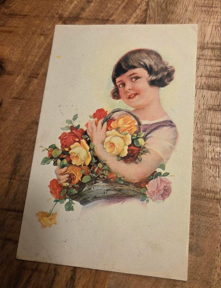 Meisje met mandje vol rozen, Verzamelen, Ansichtkaarten | Themakaarten, Gelopen, 1920 tot 1940, Kinderen, Verzenden