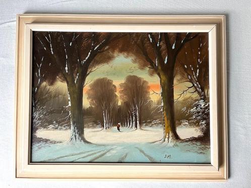 Vrouw in besneeuwd landschap - Olieverf op paneel, Antiek en Kunst, Kunst | Schilderijen | Klassiek, Ophalen of Verzenden