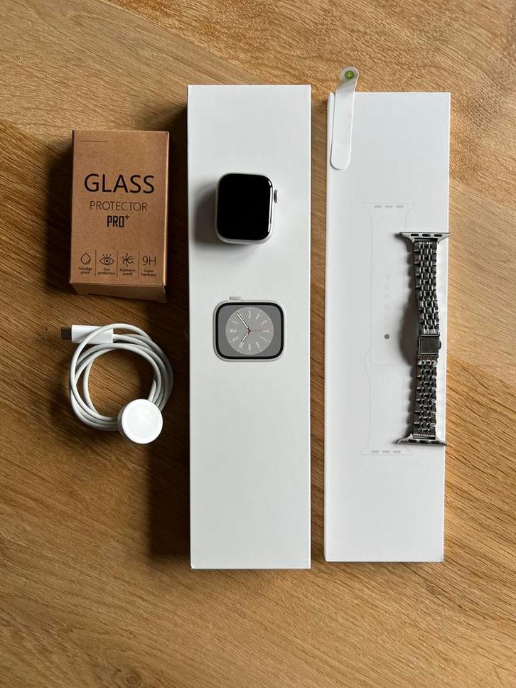 Apple Watch Series 8 (41mm), Sieraden, Tassen en Uiterlijk, Smartwatches, Zo goed als nieuw, iOS, Zilver, Hartslag, Waterdicht