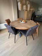 Mango eettafel 150cm met 4 eetkamerstoelen., Ophalen, Gebruikt, 150 tot 200 cm, Rond