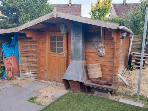 Tuinhuis, hout, blokhut stijl 275x275 cm met overkapping, Tuin en Terras, Tuinhuizen, Gebruikt, Hout, 200 tot 400 cm, 2 ramen