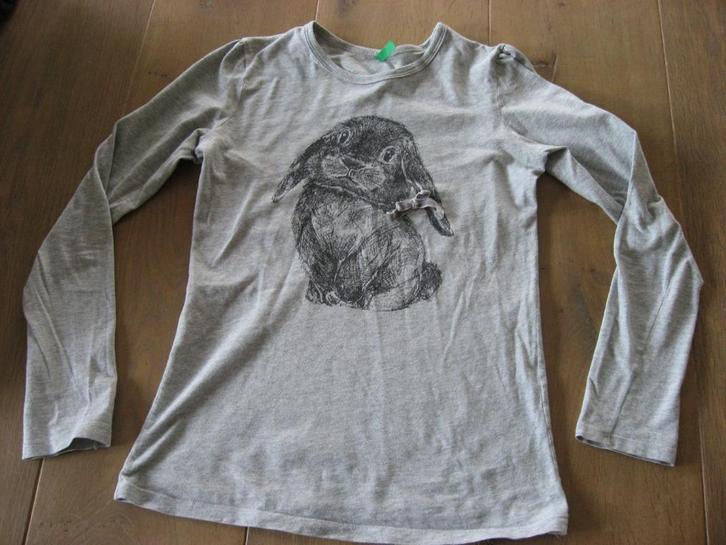 NIEUW grijs t-shirt met konijntje, United Benetton, mt 140, Kinderen en Baby's, Kinderkleding | Maat 140, Nieuw, Meisje, Shirt of Longsleeve