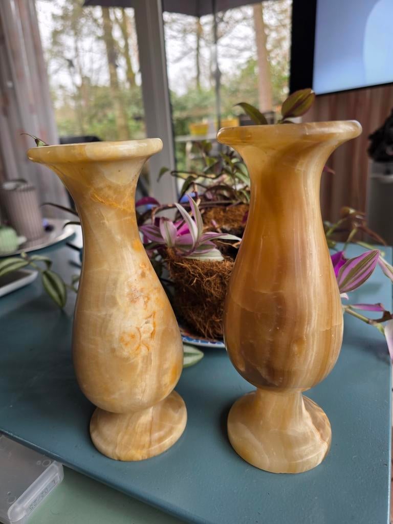 Set van 2 onyx marmeren vazen - decoratief, Steen, Gebruikt, Geel, Ophalen of Verzenden