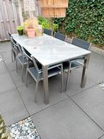 RVS tuintafel met natuurstenen blad en 6 stoelen, Tuin en Terras, Ophalen, Gebruikt, 6 zitplaatsen, Rvs