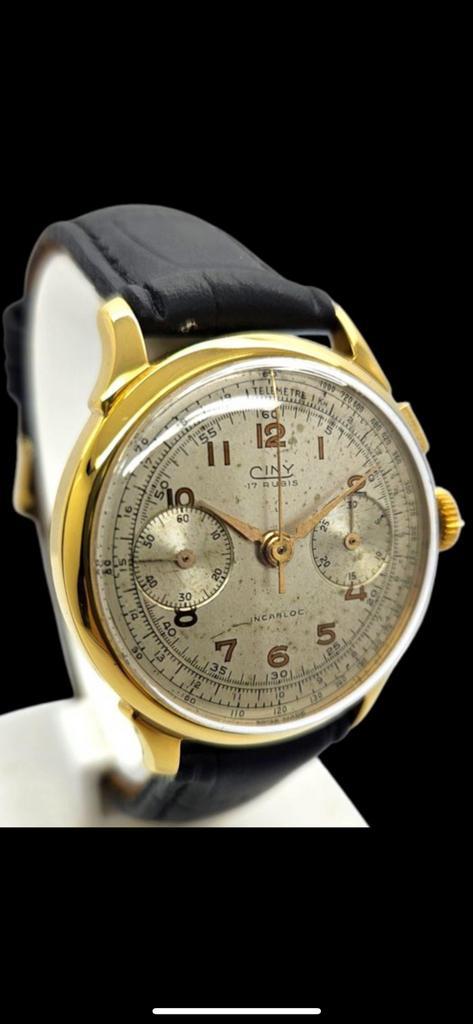 Ciny vintage chronograaf polshorloge, Sieraden, Tassen en Uiterlijk, Horloges | Antiek, Polshorloge, Overige merken, Goud, 1930 tot 1960