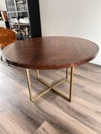 Ronde tafel van acaciahout met stalen poten - 120cm diameter, Ophalen, 100 tot 150 cm, Rond, Zo goed als nieuw