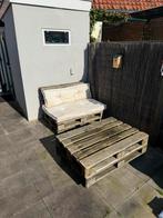 Pallet bank met tafel op wieltjes en kussen tuin lounge, Tuin en Terras, Tuinbanken, Ophalen, Gebruikt, Hout