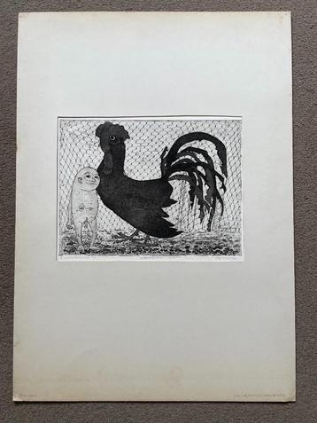 Ets Henk Hester - mannetje met haan 1965 gesigneerd beschikbaar voor biedingen