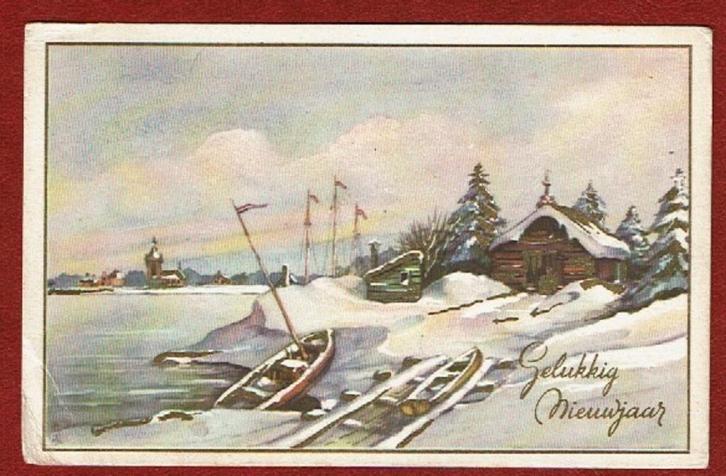 Gelukkig Nw.jaar - Bootjes in de sneeuw - 1953 (Hardinxveld), Verzamelen, Ansichtkaarten | Themakaarten, Gelopen, 1940 tot 1960