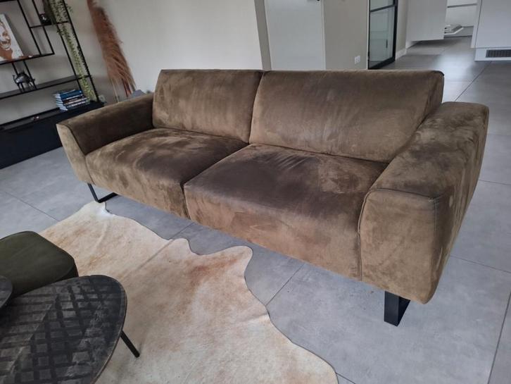 Groene alcantara leren bank stoel en hocker, Huis en Inrichting, Banken | Bankstellen, Gebruikt, Rechte bank, Tweepersoons, 200 tot 250 cm