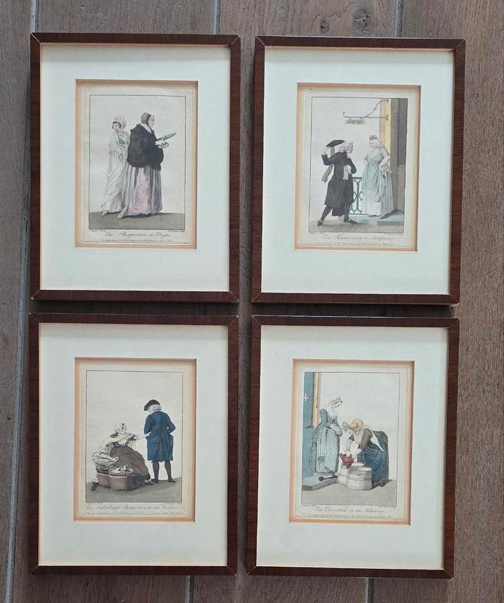 4 ingelijste prentjes, Antiek en Kunst, Kunst | Etsen en Gravures, Ophalen of Verzenden