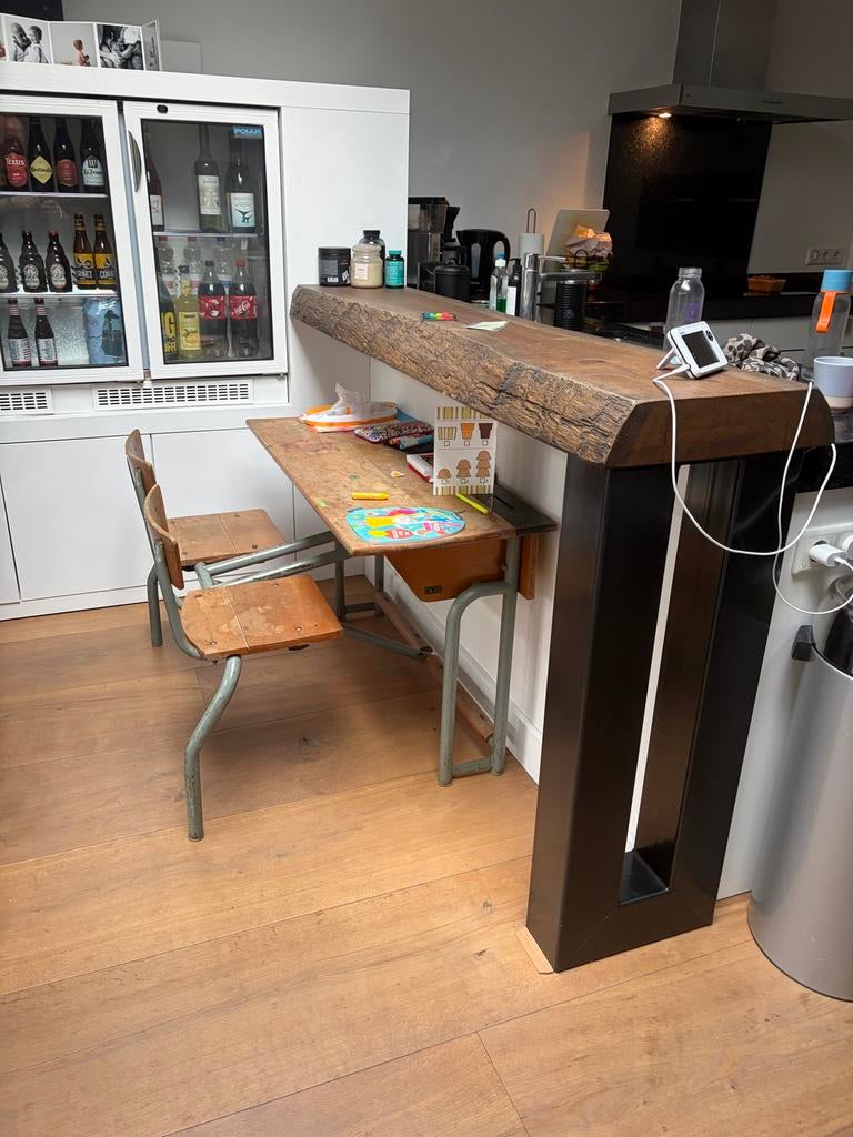 Boomstam bar met metalen poot en wandbevestiging, Huis en Inrichting, Barren, Ophalen, Gebruikt