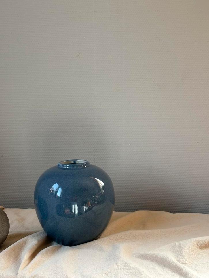 Vintage korenblauw ceramic craquelé bol vaas h18cm, Huis en Inrichting, Woonaccessoires | Vazen, Zo goed als nieuw, Blauw, Minder dan 50 cm