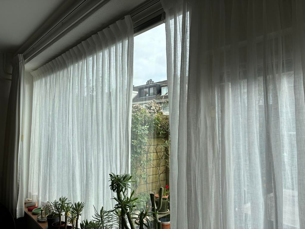 Linnen vitrage gordijnen op maat (162x365 cm), Wit, Ophalen of Verzenden, Zo goed als nieuw, 200 cm of meer