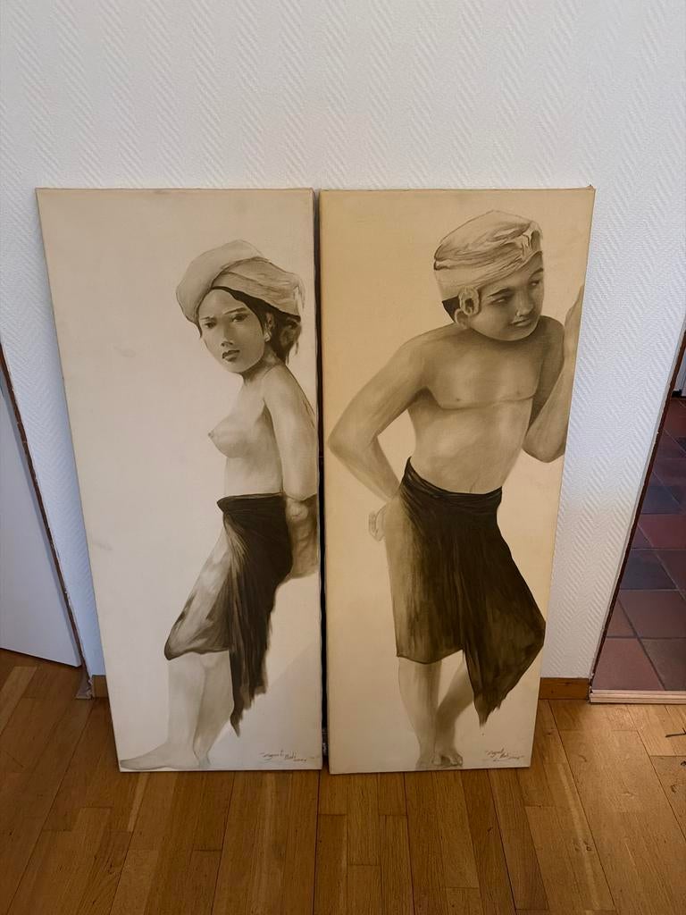 2 Balinese schilderijen: Man en Vrouw (120x45cm), Ophalen of Verzenden