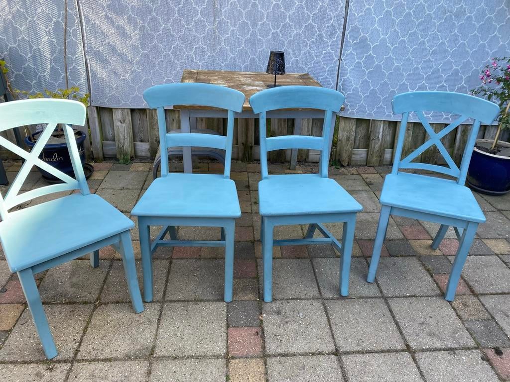 Set van 4  eetkamerstoelen, Huis en Inrichting, Stoelen, Ophalen, Gebruikt, Blauw, Vier