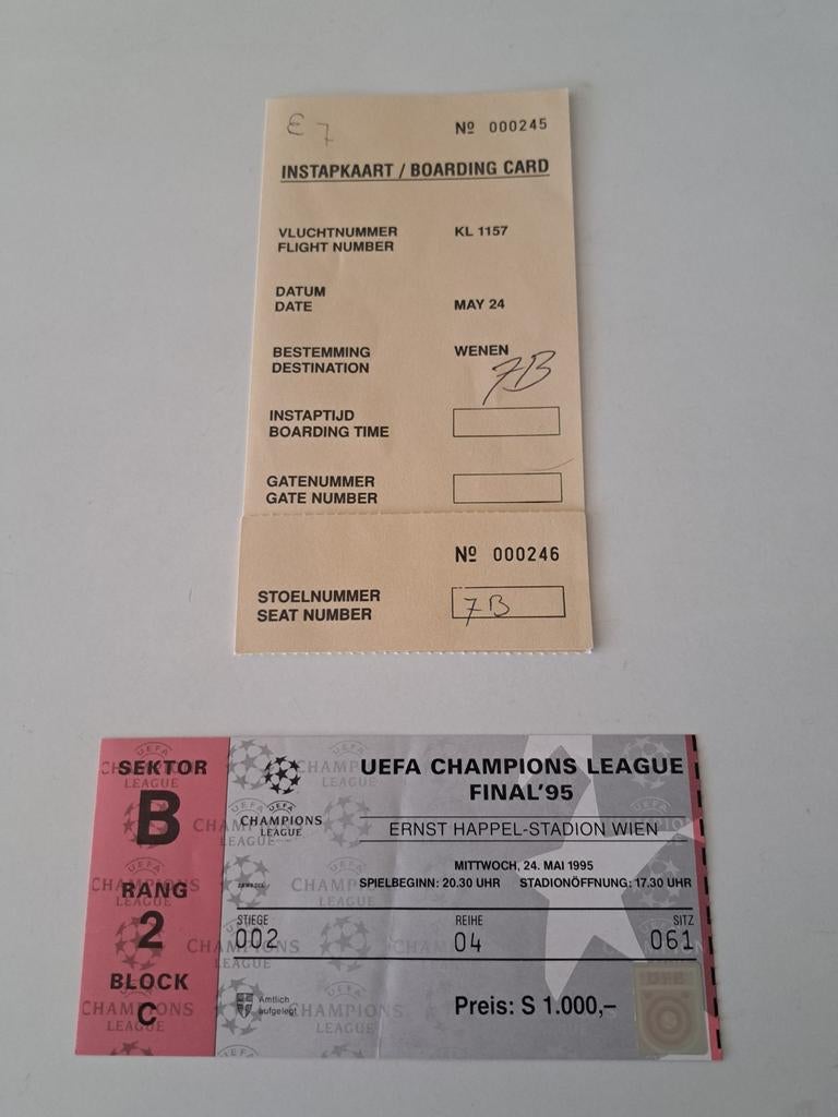 Ajax toegangsbewijs finale Champignons League 1994/ 1995 in., Verzamelen, Sportartikelen en Voetbal, Ophalen of Verzenden, Ajax