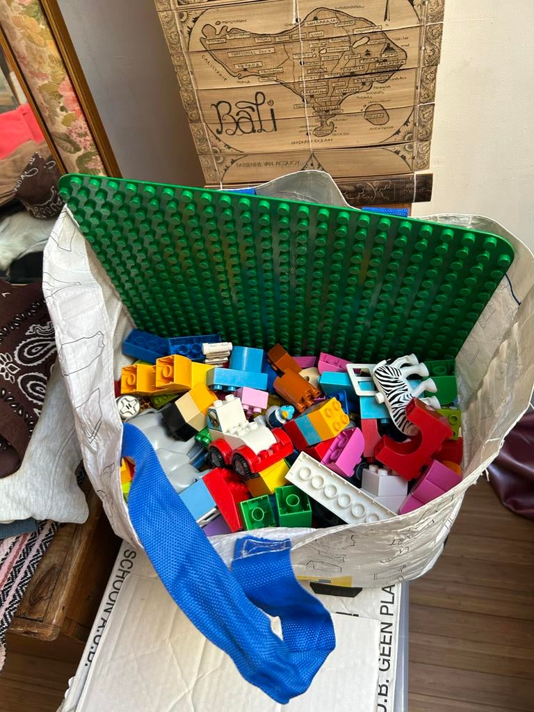 Grote tas vol Duplo met grondplaat en figuren, Kinderen en Baby's, Speelgoed | Duplo en Lego, Ophalen, Gebruikt, Duplo, Inclusief accessoires