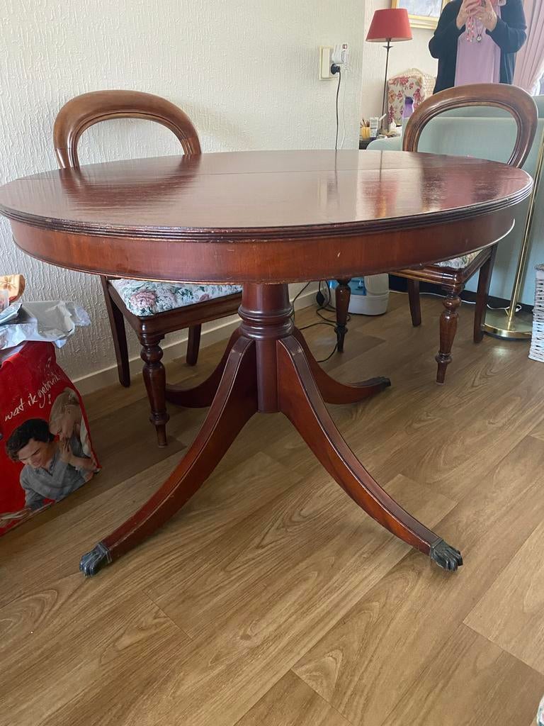 Ronde ovale mahonie eettafel met tussenstuk, Ophalen, Gebruikt, 100 tot 150 cm, Ovaal