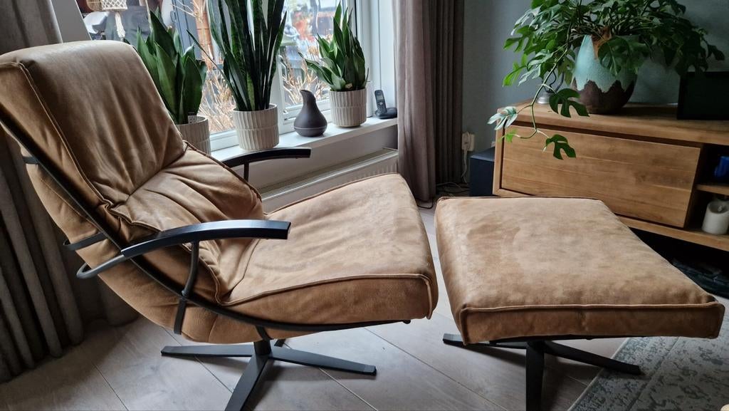 Relax Draai Fauteuil met Voetenbank - Cognac, Ophalen, Gebruikt, Modern, Comfort, 75 tot 100 cm