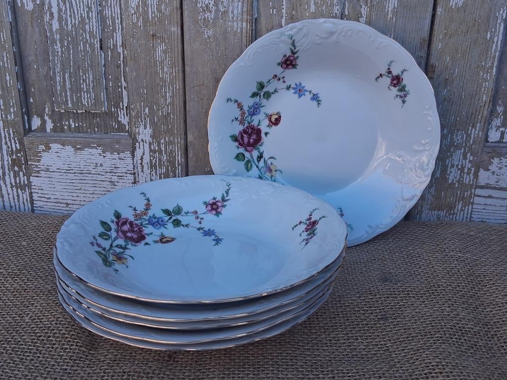 Set van 6 diepe borden met brocante roos Wawel Debrocantekip, Antiek en Kunst, Ophalen of Verzenden