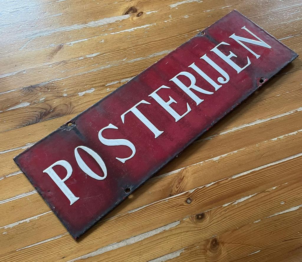 Emaille oud dubbelzijdig POSTERIJEN bord 58,5 x 18,5 cm, Ophalen of Verzenden