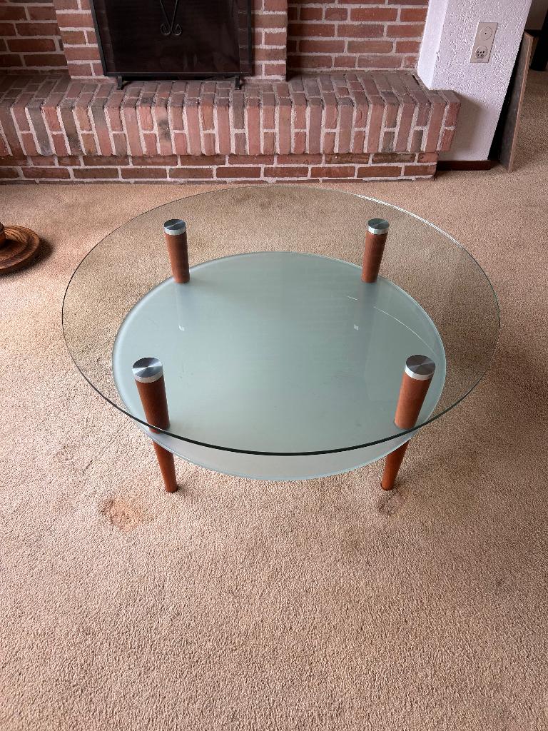 Glazen salontafel (100cm) met houten poten, Huis en Inrichting, Tafels | Salontafels, Ophalen, Glas, Rond, 50 tot 100 cm