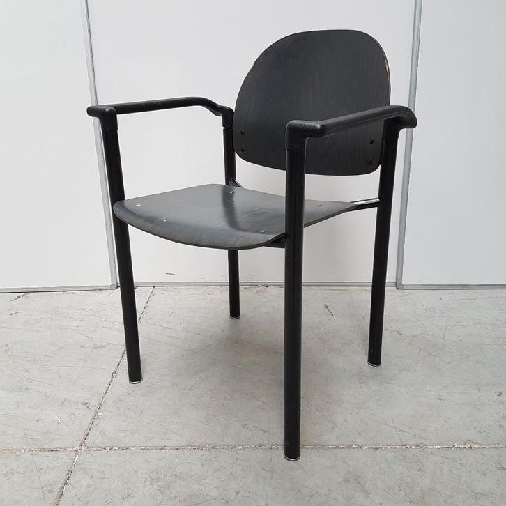 4x houten kantine stoelen / stapelstoelen met stalen frame, Huis en Inrichting, Stoelen, Gebruikt, Vier, Kunststof, Ophalen