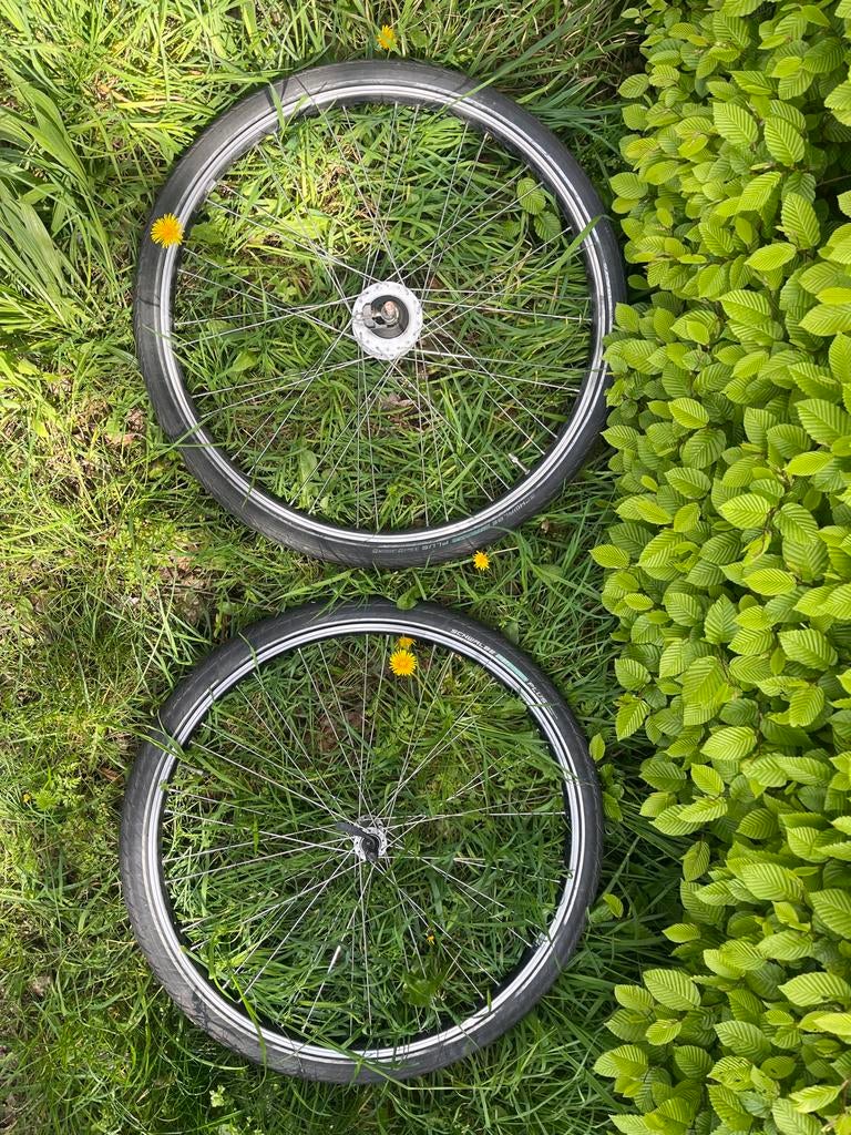 Twee fietswielen met Schwalbe Marathon Plus banden, Wiel, Gebruikt, Ophalen of Verzenden, Aluminium