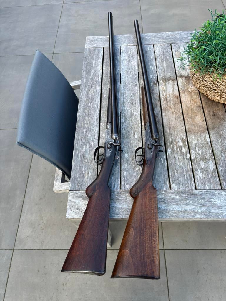 2x belgische kaliber 12 dubbelloops jachtgeweren toplever, Ophalen of Verzenden