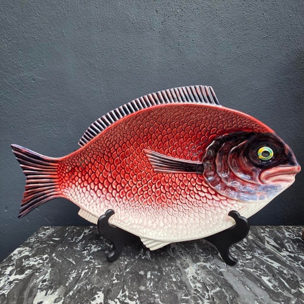 Brocante barbotine aardewerk vis schaal van 51, 5 cm, Ophalen of Verzenden